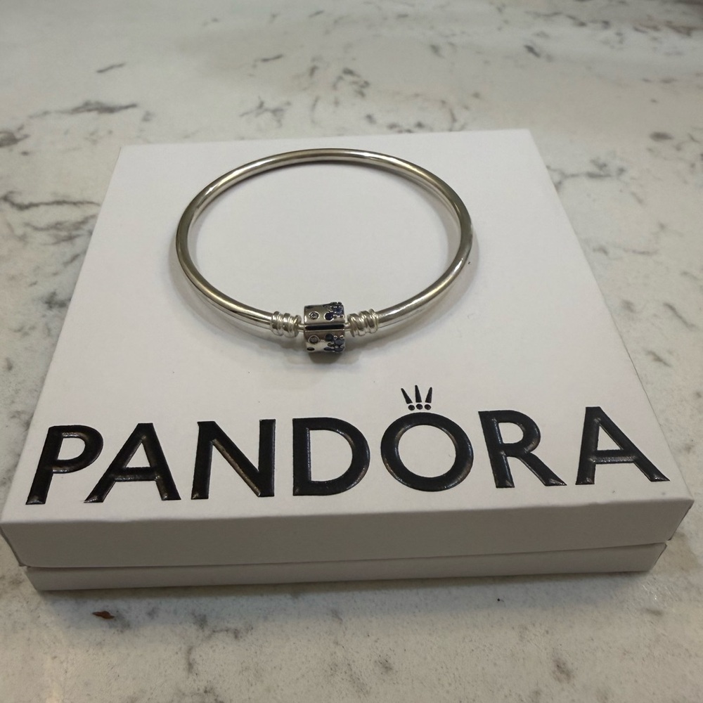 Pandora Silver Bangle Bracelet with Blue Gems Clasp